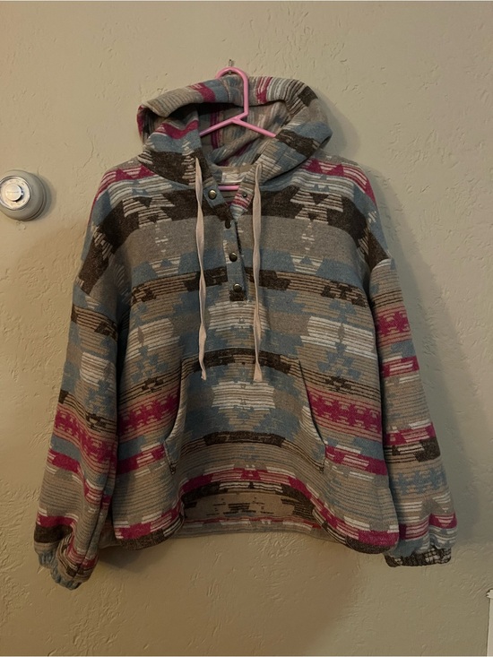new in Sweaters - Aztec-Pattern Hooded Pullover Sweater in Gray, Blue & Pink